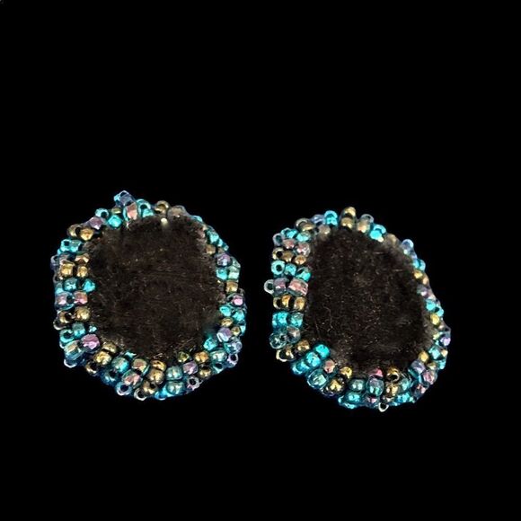 Hand beaded royal blue glass cabs turquoise gold glass bezel pierced earrings - Picture 13 of 13